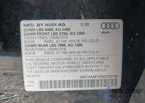 2021 Audi Q5 Premium 45 Tfsi Quattro S Tronic z USA, uszkodzony, nr VIN WA1AAAFY2M2033154